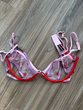 For Love and Lemons Bloom Underwire Sheer Pink & Red Lace Flower Bra 36B
